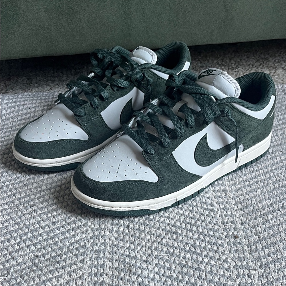 Nike Women’s Dunk Low — White and Dark Green Suede